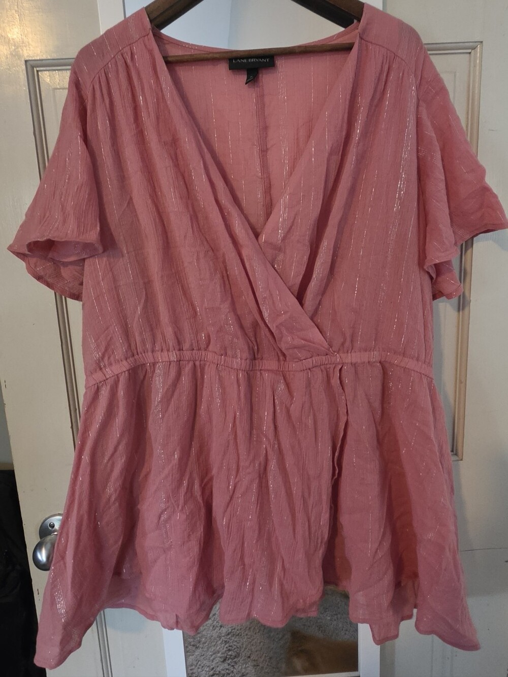 Lane Bryant Pink Metallic-Stripe Wrap Peplum Blouse